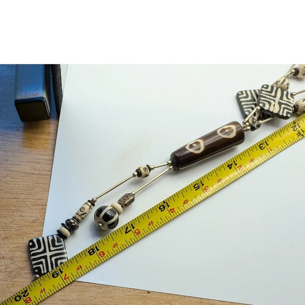 Kenya Batik Bone Bead Necklace Tribal Geometric Statement Black Cream Brown - Picture 6 of 10